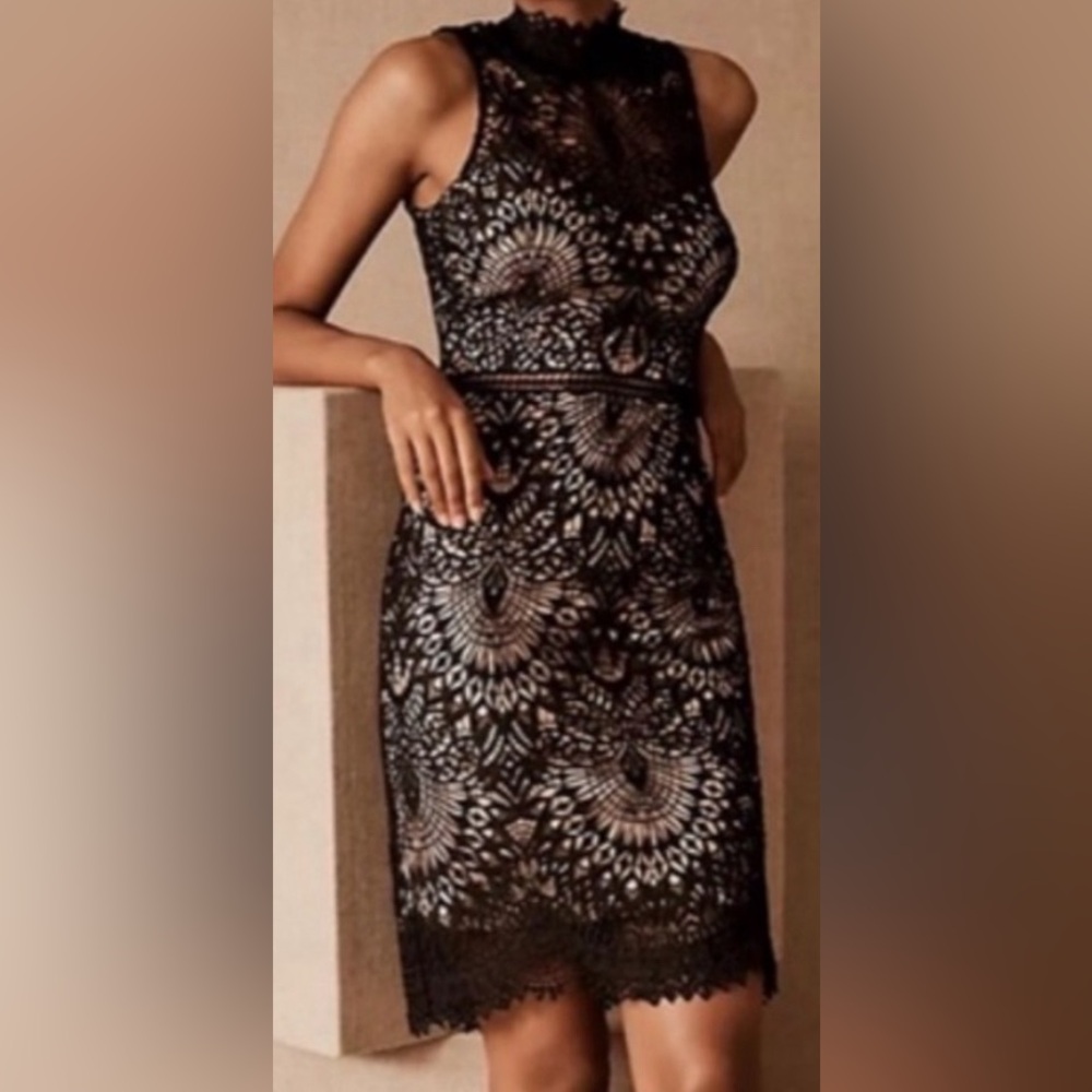 BHLDN Black Lace Sheath Cocktail Dress High Neck Nude Lining Size 6 NWT